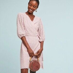 ANTHROPOLOGIE Graham & Spencer Merina Eyelet Lace Wrap Mini Dress Blush Pink XS